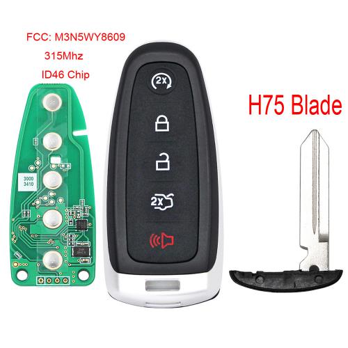 Smart Remote Start Smart Prox Key Fob Transmitter for Ford 5 Button 315MHz ID46 Chip FCC: M3N5WY8609 with H75 small key