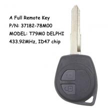 Remote Car Key With 2 Buttons 433.92MHz ID47 Chip HU87 Uncut Blade for Suzuki Fob 37182-78M00 Model: T79M0 DELPHI