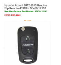 3B Flip Remote key For Hyunday Accent 2012-2013 433mhz ID46 Chip 95430-1R110